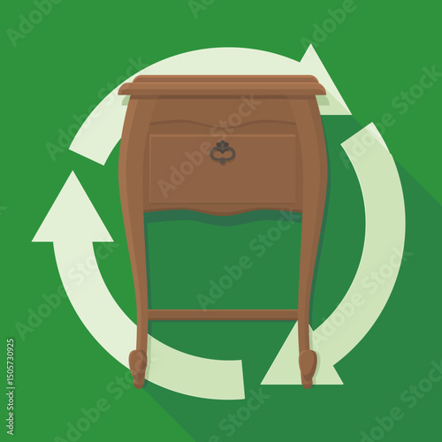 Old bedside table with a light circular symbol of three recycling arrows in a flat design style on green background with long shadow