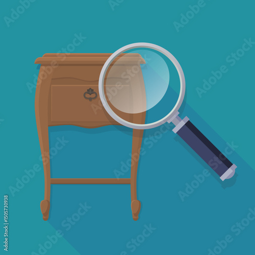 Old bedside table with a magnifying glass positioned on it on a blue background with long shadow in flat design style (flat design)