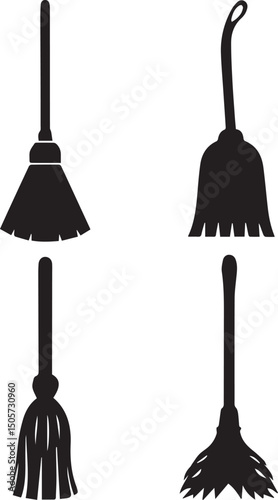 cleaning broom logo design set, broom vector illustration set, broom silhouette vector isolated on white background