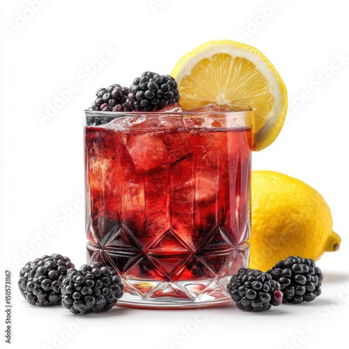 Bramble cocktail with blackberry and lemon garnish in old fashioned glass, isolated on white --chaos 20