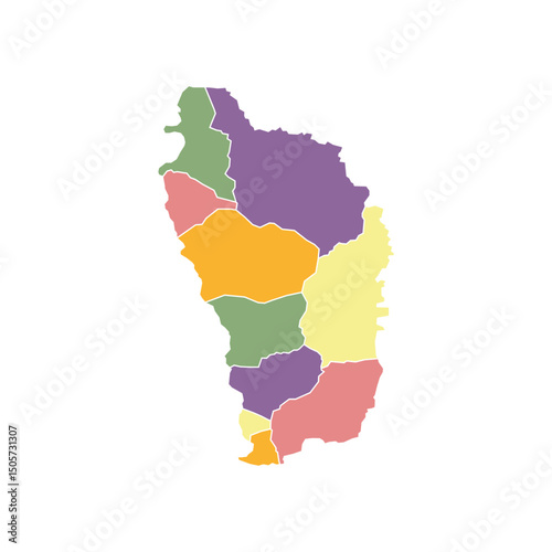 Flat colored Dominica map. Outline with division to region. Dominica map isolated on white background. Vector illustration with national flag.