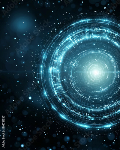 Futuristic digital interface with glowing blue circular patterns and particles in dark background creates mesmerizing sci fi atmosphere
