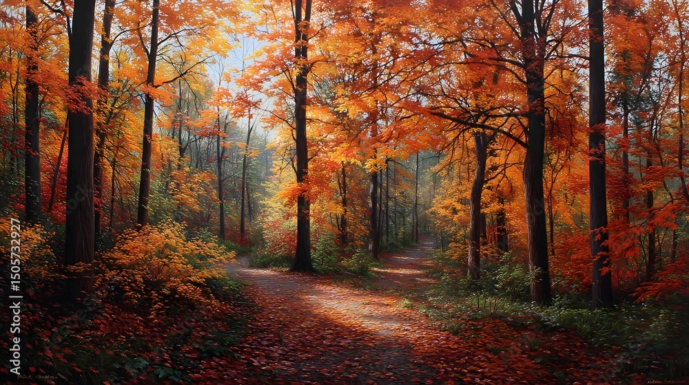 Colorful autumn leaves carpet the winding path through the sun-drenched forest Colorful autumn leaves carpet the winding path through the sun-drenched forest