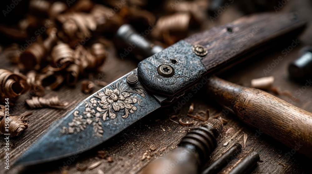 Fototapeta premium Custom engraved pocket knife on dark walnut desk, surrounded by wood shavings and tools, artisan concept