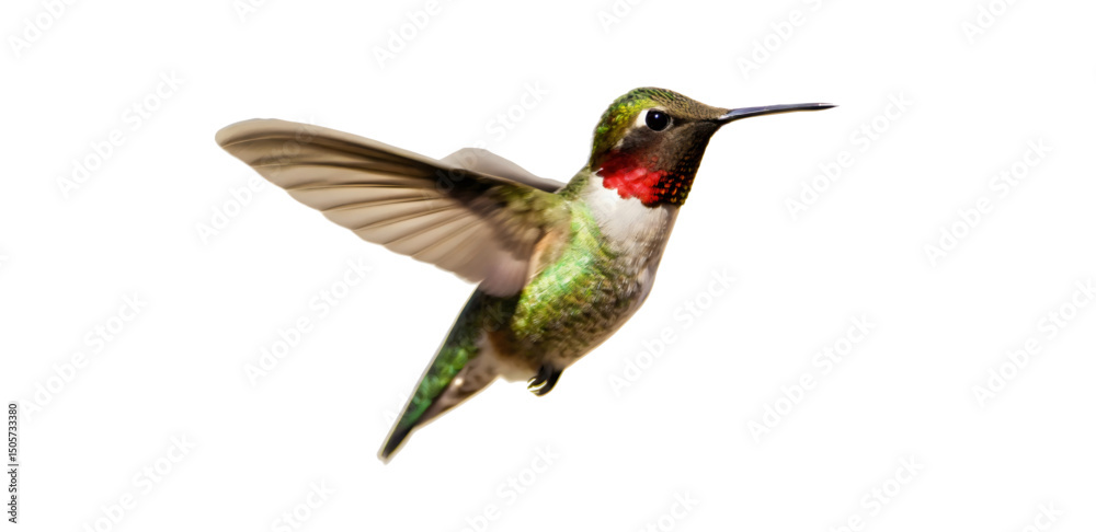 Fototapeta premium Ruby-Throated Hummingbird: Dynamic Flight Vibrant Bird in Natural Setting