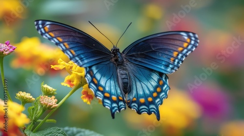A stunning blue butterfly with patterned wings is perched on a yellow flower, surrounded by vibrant blossoms and a soft, colorful background in a peaceful garden scene.