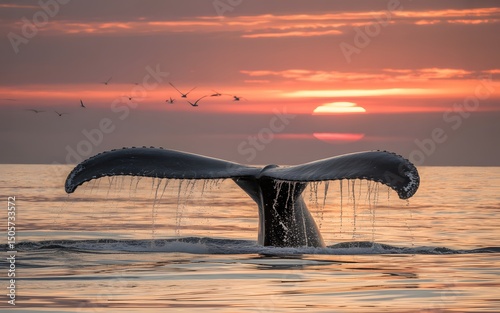  Sunset ocean scene with breaching whale tail, barnacles, and tranquil waves reflecting vibrant sky colors