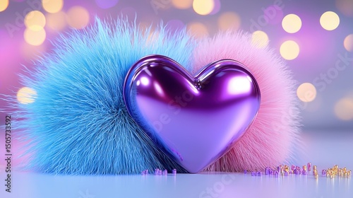 A plush textured heart in alluring shades of vibrant pink and calming blue surrounded by a glowing sparkling halo of light creating a dreamy romantic and enchanting scene