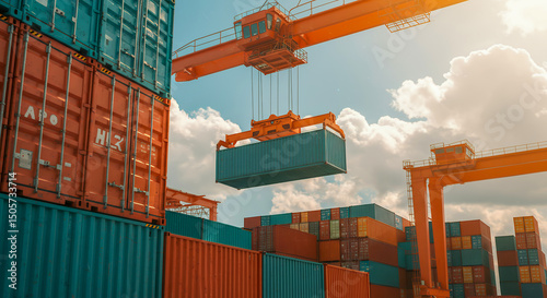Global Trade and Logistics Container Crane Lifting Cargo at a Busy Port