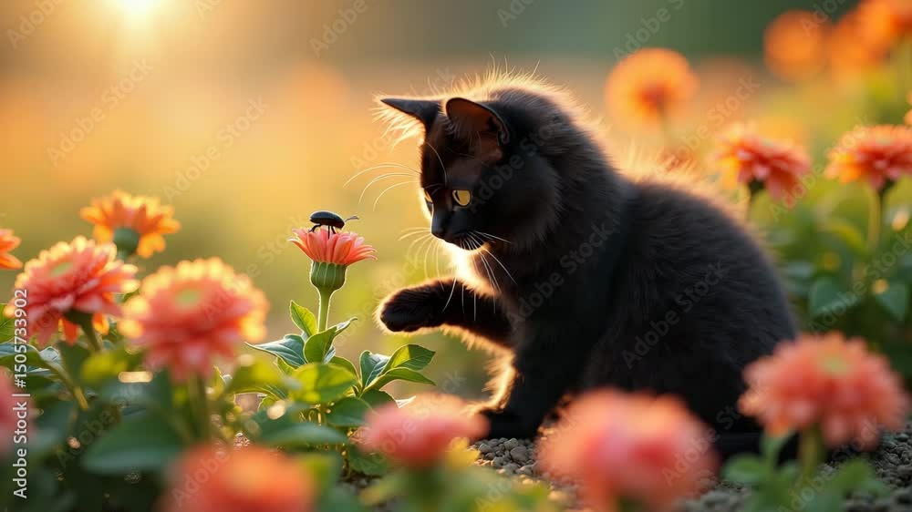 Cat touching bug on flower with its paw, curious mood, observing insect, against a floral backdrop Cat touching bug on flower with its paw, curious mood, observing insect, against a floral backdrop