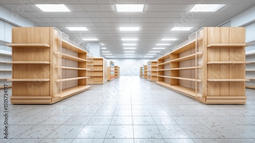 Empty wooden retail shelves in a bright supermarket environment, tiled floor and white ceiling lights --chaos 20