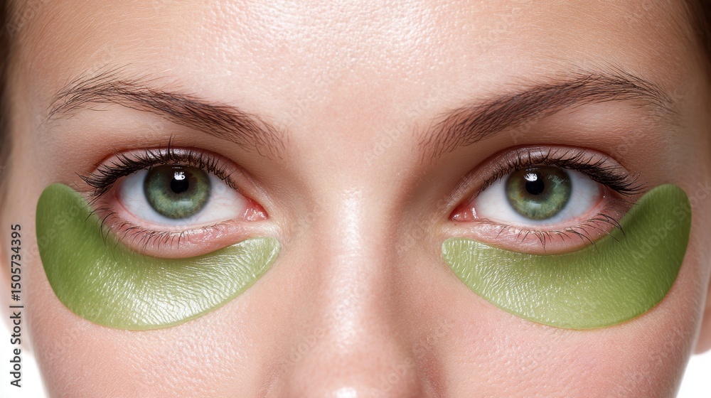 Naklejka premium Female face close-up with green gel patches under eyes, isolated on white background --chaos 20