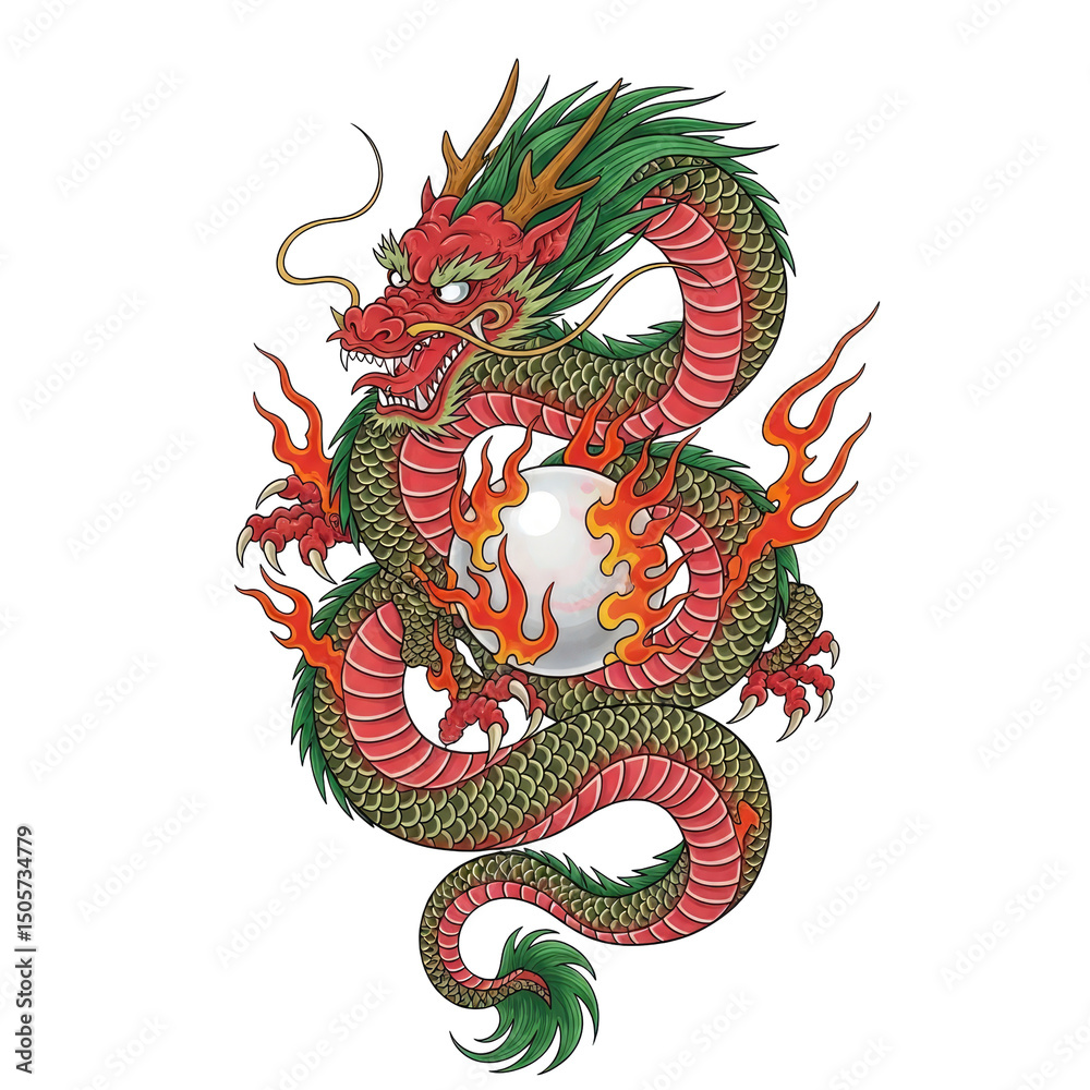 Obraz premium Detailed illustration of a creature coiled around a glowing orb against a transparent backdrop vibrant red flames and intricate pixelated details.