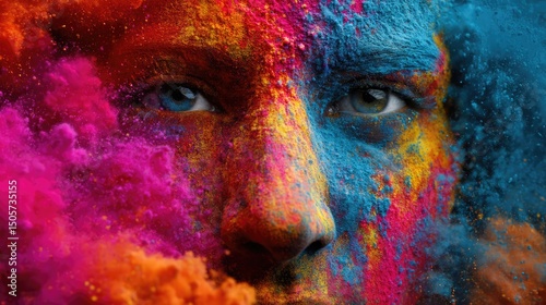 A close-up of a face covered in vibrant colored powder, revealing intense blue eyes through the explosion of colors, creating a striking and artistic visual contrast.