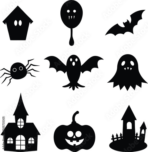 Spooky Halloween Illustration Silhouettes Collection. Halloween Illustration Silhouettes for Spooky Themes. Scary Halloween Silhouettes Illustration Bundle. Creepy Halloween Illustration Silhouettes