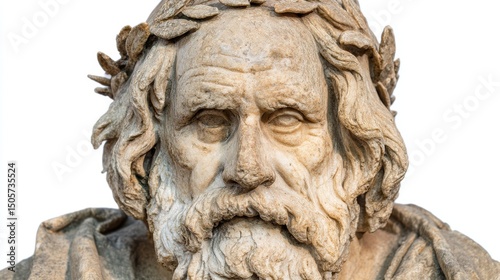 Historic bust of famous poet with wreath crown, realistic carving, isolated on white background --chaos 20