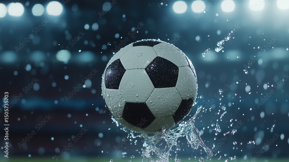 Naklejka premium Soccer ball mid-kick with splashing water droplets, capturing dynamic energy and motion.