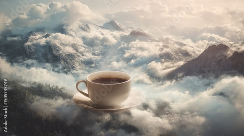 A steaming cup of coffee floats above the clouds with majestic mountains in the background, blending surreal imagery with a serene, dreamy atmosphere.