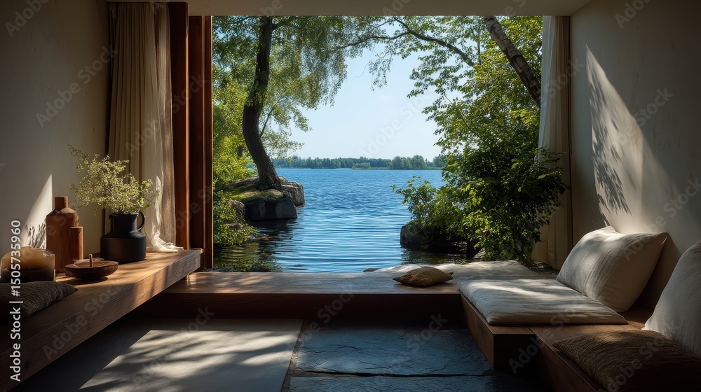 Fototapeta premium Minimalist hotel space with low bed, linen curtains, and view of a lake surrounded by trees and clear blue summer sky