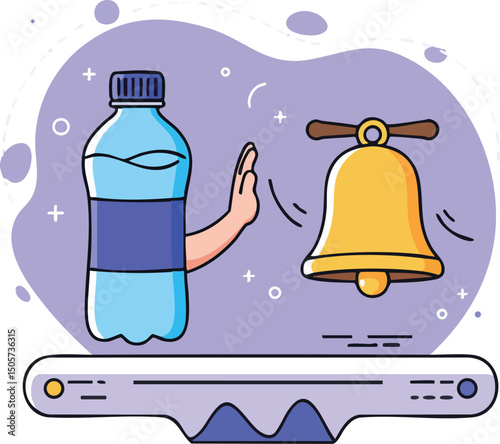 Water bottle rejecting notification bell with hand gesture vector illustration in purple background 