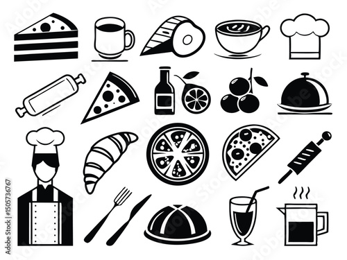 Flat Food Icon Collection – Dark Blue & White Style