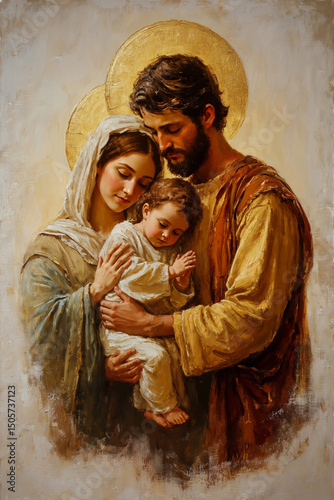 Mary and Joseph holding baby Jesus Christ. Classic painting of Holy family with golden halos. Fresco with Maria, Joseph and Jesus. For vertical card, banner, religious Christian print