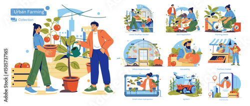 Urban Farming Activities in Rooftop Garden Vector Illustration