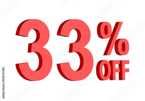33 percent off discount text graphic in bold red 3D letters, for promotional sale banner icon, coupons, and special offers, marketing design element, boosting savings and shopping deals	