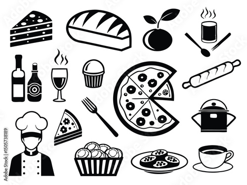 Flat Food Icon Collection – Dark Blue & White Minimalist Style