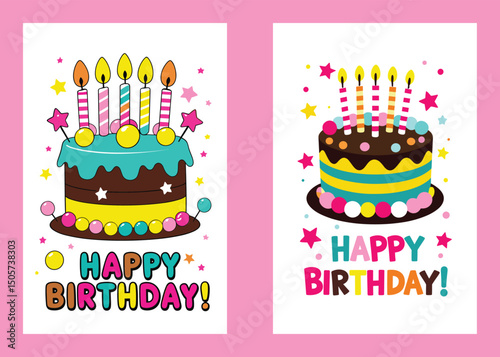 Happy Birthday Cartoon Cakes With Candles Vector Illustration Set