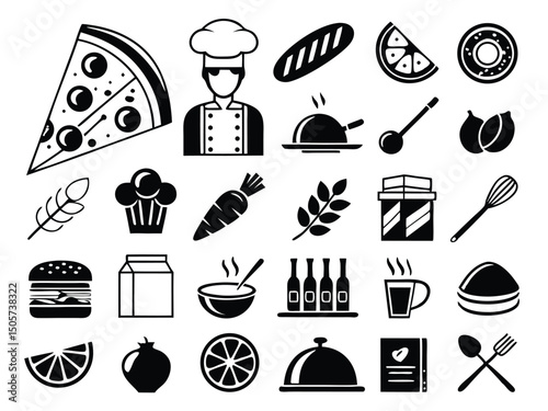 Flat Food Icon Collection – Dark Blue & White Minimalist Style