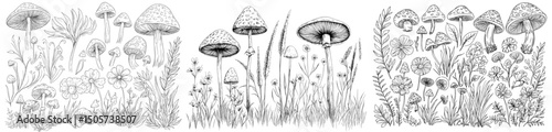 The illustration features a collection of wild nature elements, such as forest herbs, plants, flowers, leaves, and twigs, all hand-drawn and isolated on a white background