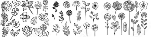 This series showcases a set of modern hand-drawn decorative stylized black and white childish flowers, illustrated in a doodle style, and characterized by ornamental cute line drawings, all presented