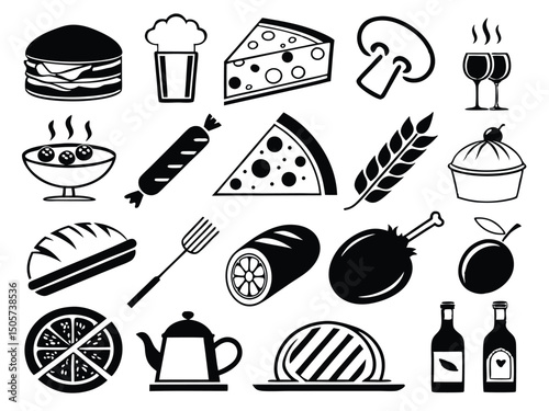 Flat Food Icon Collection – Dark Blue & White Minimalist Style