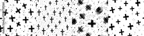 An abstract cross pattern in ink is seamlessly presented, set against a backdrop of artistic black and white strokes in a sketchy style, suitable for use in designing textiles and backdrops