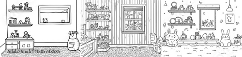 Modern interior sketch illustration of a children's room in black and white graphics