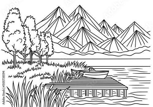 The modern illustration features a black and white landscape sketch of a lake with a bridge in a graphic style