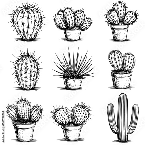 The modern illustration showcases a terrarium with succulent flower, wild cactus, and hand drawn prickly cacti, symbolizing a wild floral exotic tropical plant