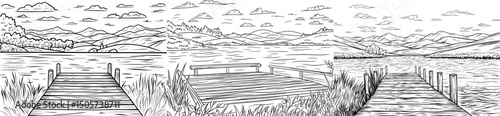 The scene consists of a river with a wooden pier and mountains positioned across the lake, presented in a contemporary illustration with a sketch-like style