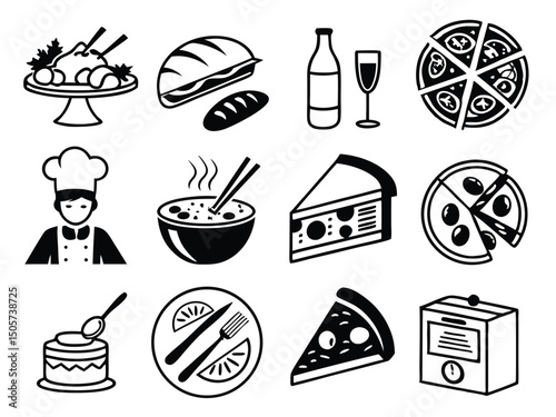 Flat Food Icon Collection – Dark Blue & White Minimalist Style