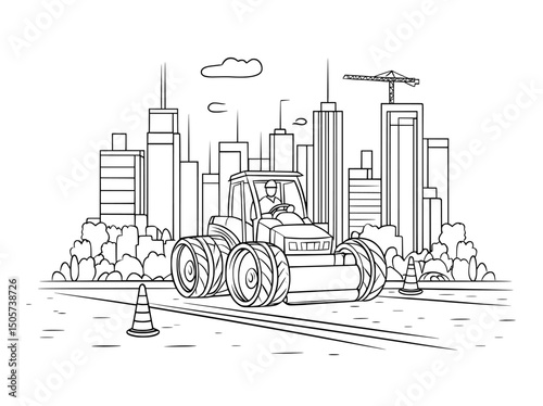 City landscape sketch in black and white featuring a graphic illustration of modern road construction