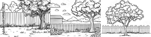 A modern sketch illustration depicts a garden landscape with a prominent apple tree in black and white graphic style