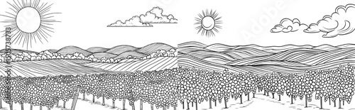 Modern vintage illustration featuring a rural landscape drawn by hand