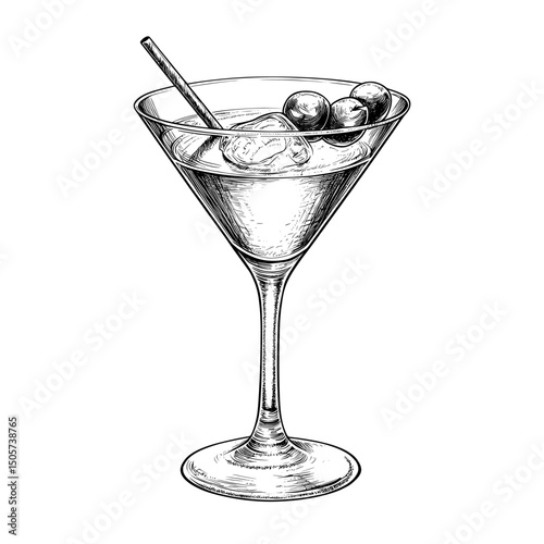 A hand-drawn, vintage-style line art illustration of a martini with an olive, an alcoholic cocktail in a glass, isolated on a white background, in modern style
