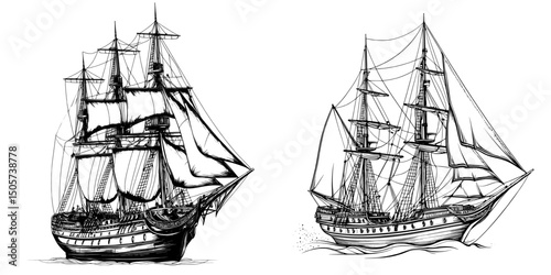 The illustration features a hand-drawn sea ship on a white background, which can serve as a design element for creating posters, cards, t-shirts, and emblems