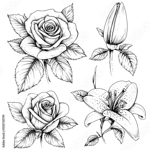 A set of hand drawn contours of rose, lily, peony, and chrysanthemum flowers on a white background serves as vintage floral elements for various design applications