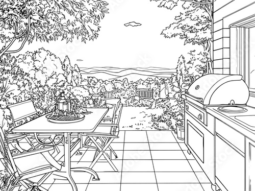A graphic illustration in modern style depicting a barbecue scene in black and white landscape