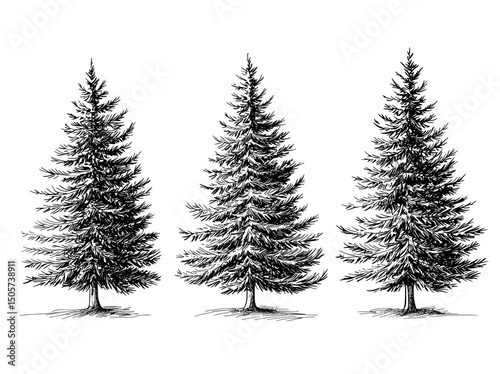 A modern illustration features a fir tree set against a black and white isolated spruce graphic sketch