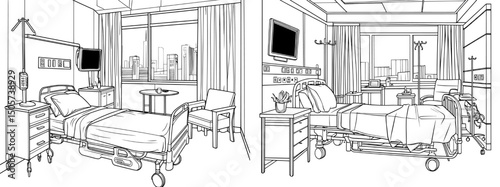 The modern interior of a hospital ward is shown in a black and white sketch graphic illustration