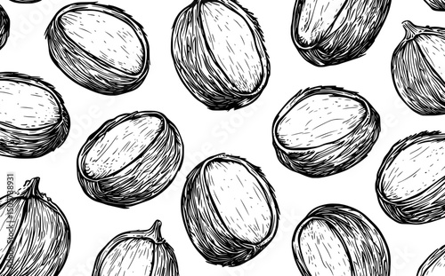 A modern hand-drawn design featuring coconuts and palm leaves in a seamless pattern